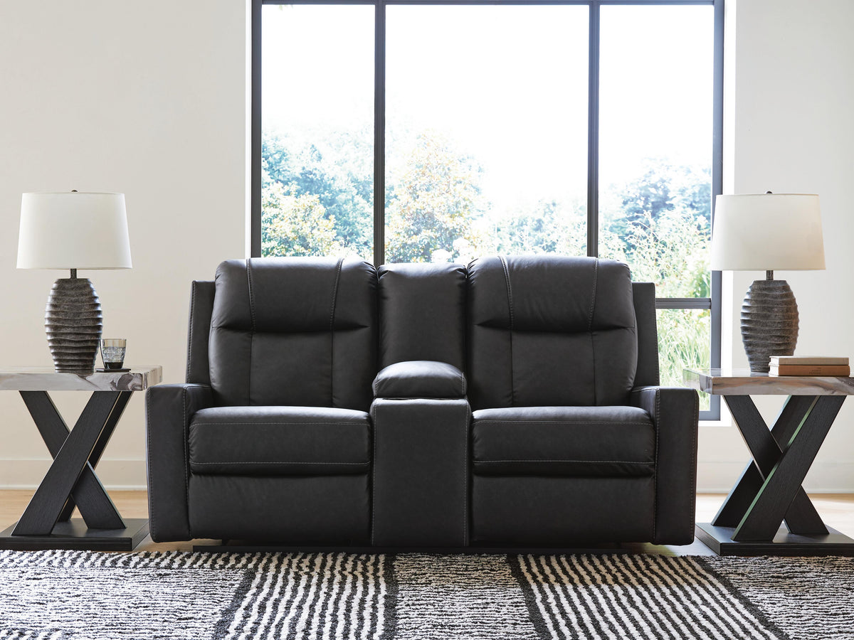 Mackmenville Reclining Loveseat with Console in Carbon, closed view