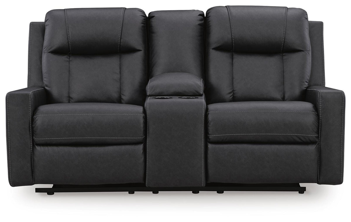 Mackmenville Reclining Loveseat with Console in Carbon, front view