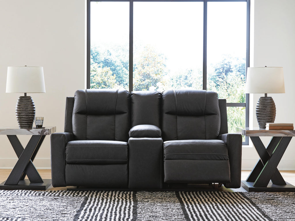 Mackmenville Reclining Loveseat with Console in Carbon, open view