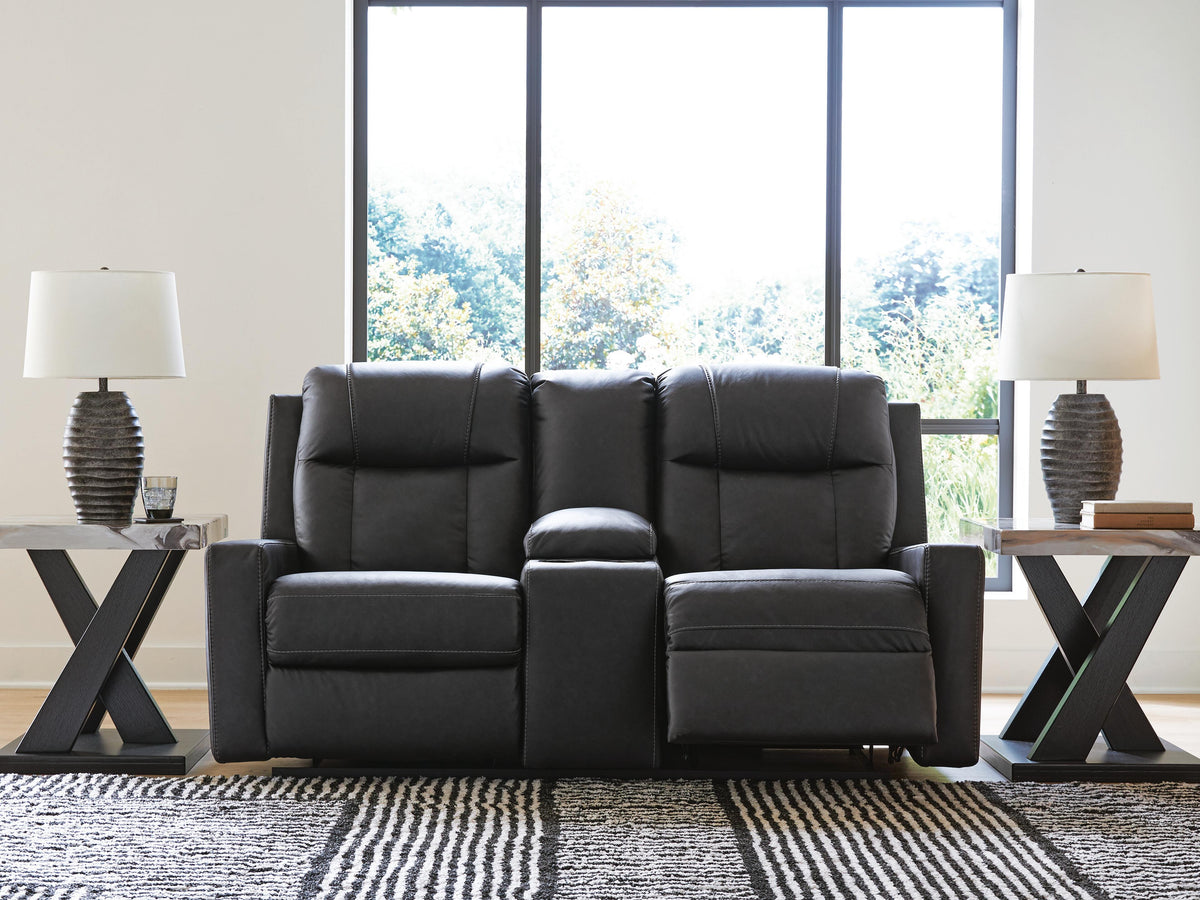 Mackmenville Reclining Loveseat with Console in Carbon, open view