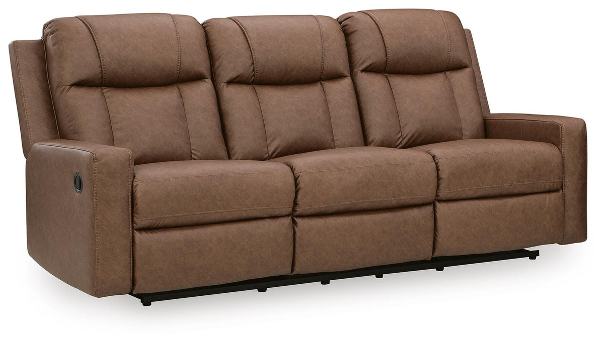 Mackmenville Reclining Sofa in Caramel, closed view