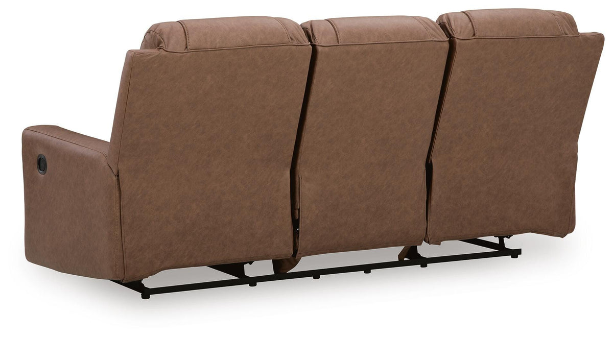 Mackmenville Reclining Sofa in Caramel, back view