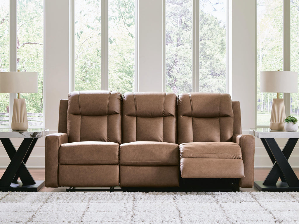 Mackmenville Reclining Sofa in Caramel, open view