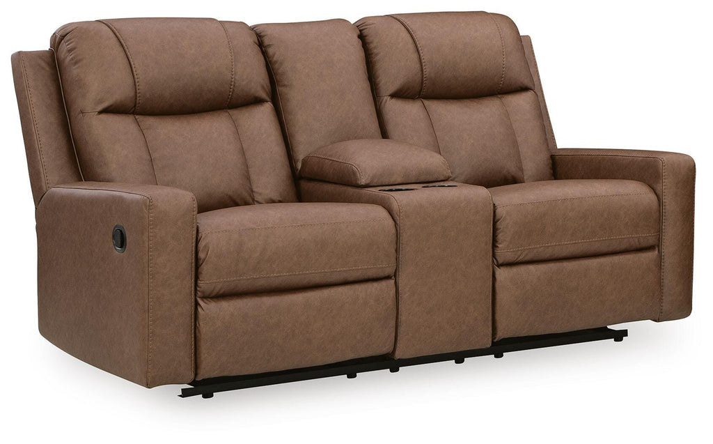 Mackmenville Reclining Loveseat with Console in Caramel, closed view