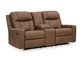 Mackmenville Reclining Loveseat with Console in Caramel, closed view