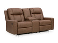 Mackmenville Reclining Loveseat with Console in Caramel, closed view