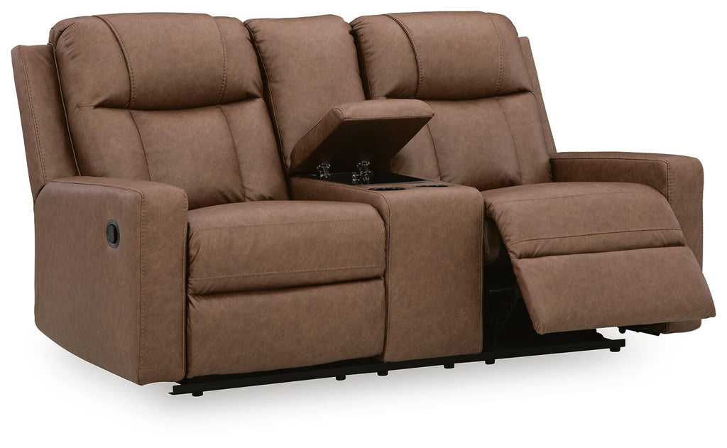 Mackmenville Reclining Loveseat with Console in Caramel, open view