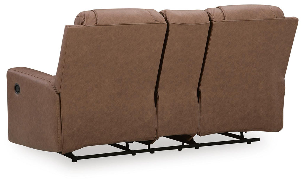 Mackmenville Reclining Loveseat with Console in Caramel, back view