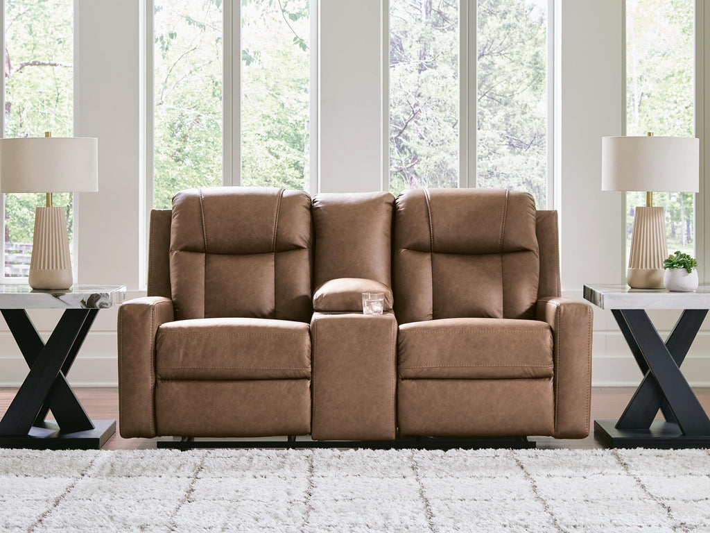 Mackmenville Reclining Loveseat with Console in Caramel, closed view