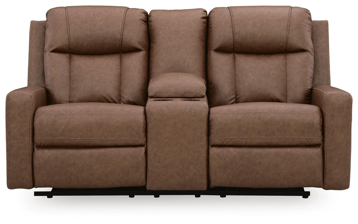 Mackmenville Reclining Loveseat with Console in Caramel, front view
