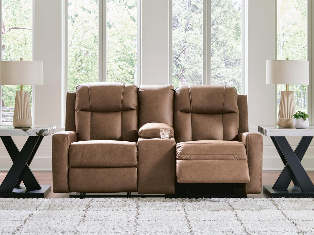 Mackmenville Reclining Loveseat with Console in Caramel, open view
