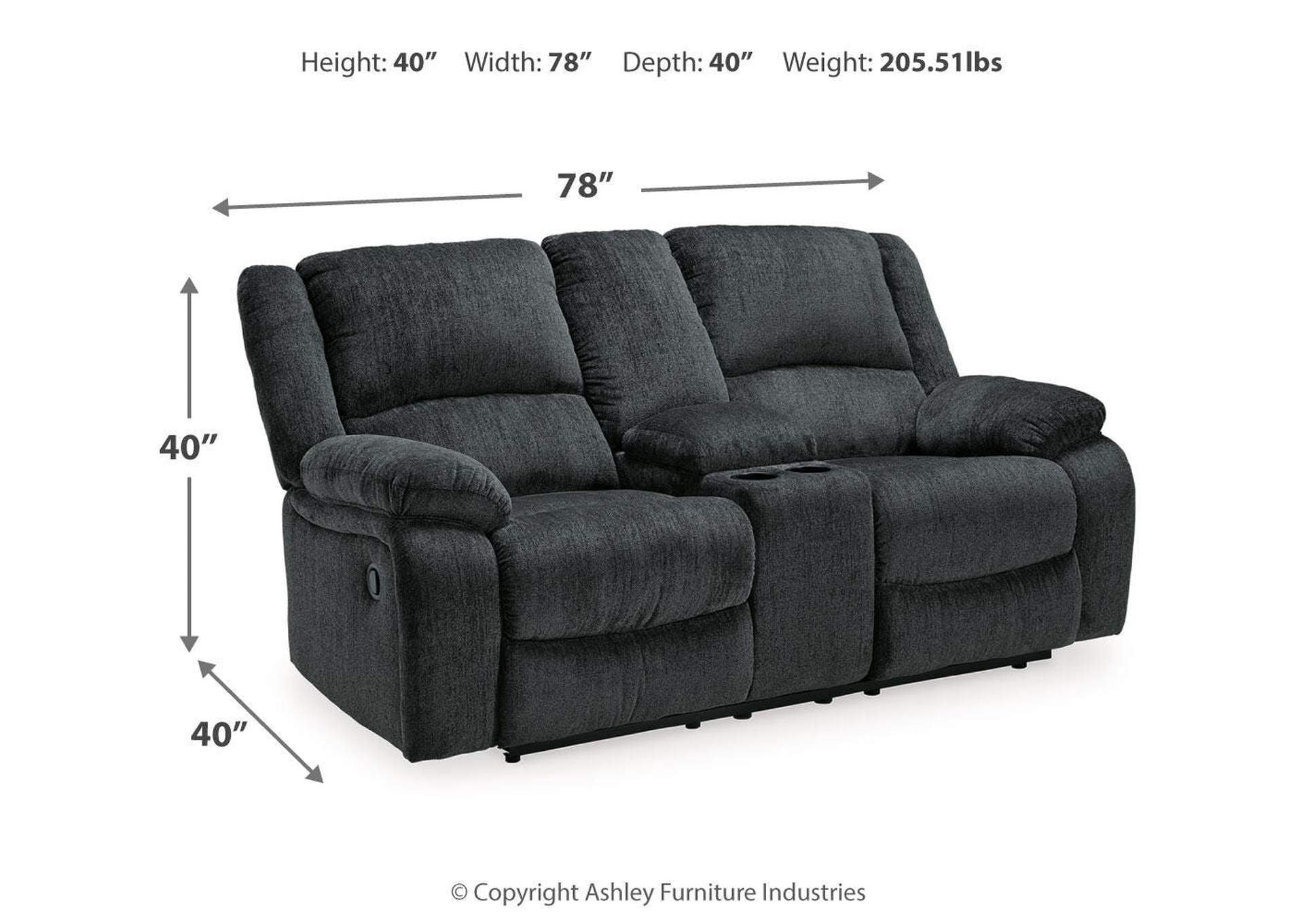 Draycoll Reclining Loveseat with Console dimensions