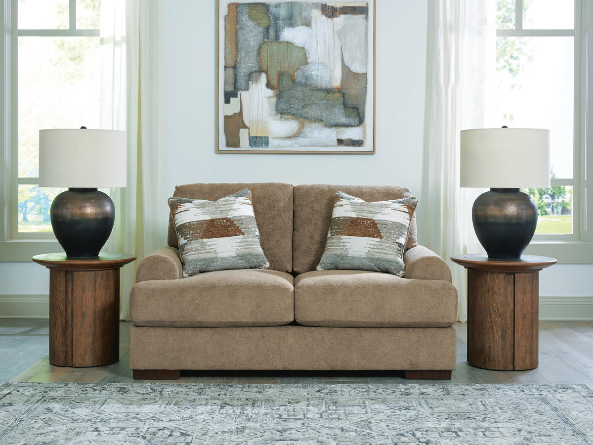 Jayne Park Loveseat in Pecan, lifestyle view