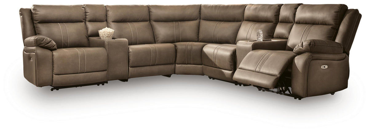 Max-Momentum sectional, 7-Piece Power Reclining Sectional with Audio Consoles · 127 × 127 × 42 in, view 1