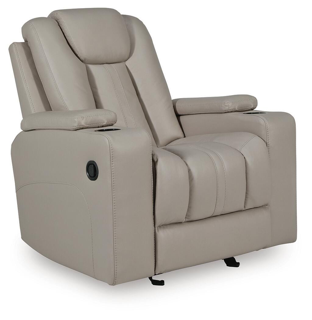 Elevate Edges Glider Recliner in Coin, closed view