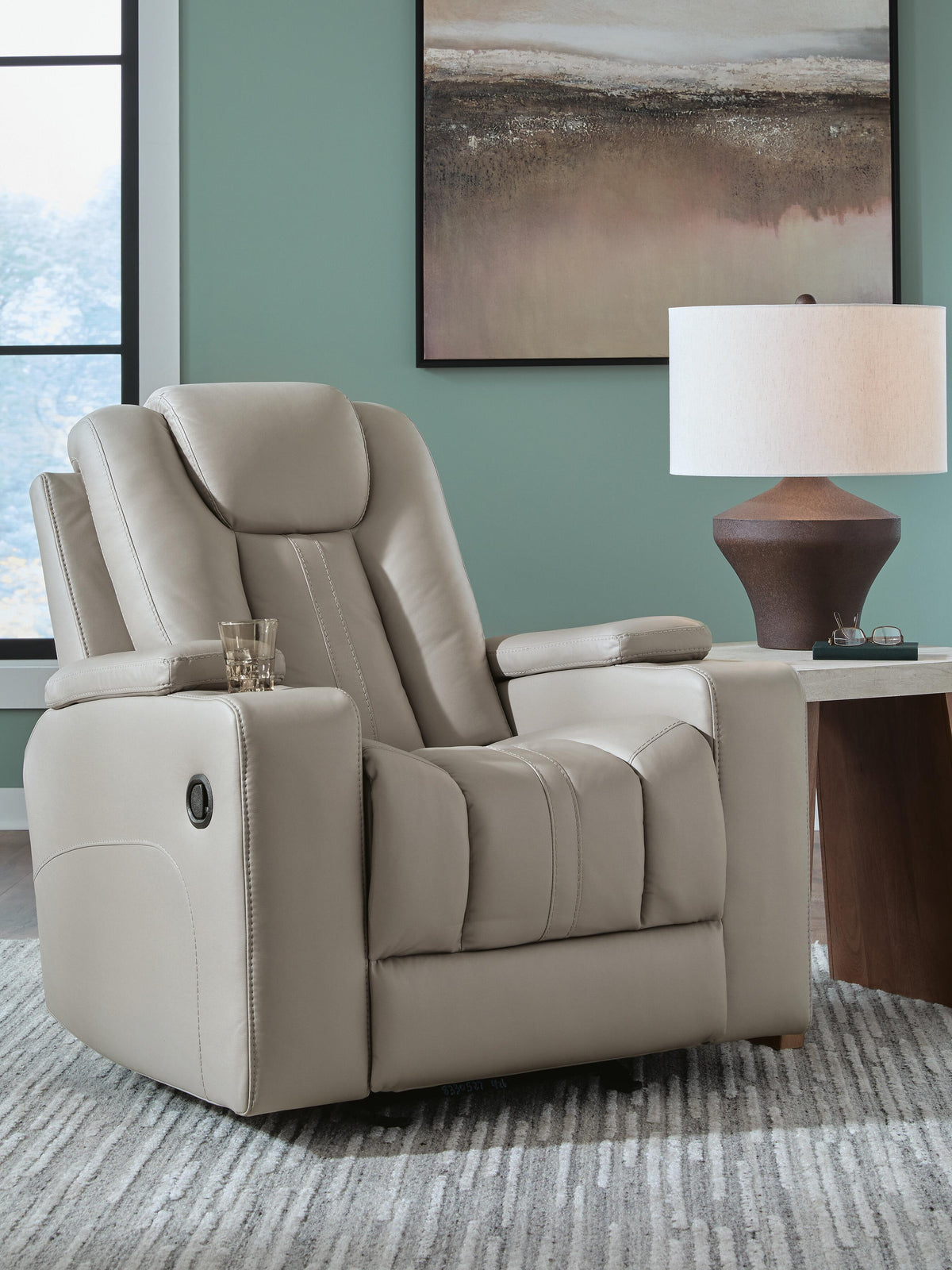Elevate Edges Glider Recliner in Coin, closed view