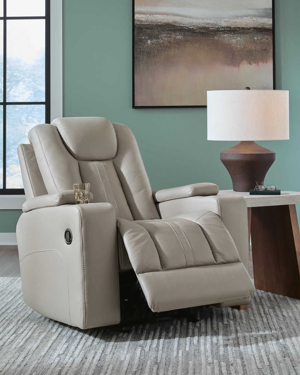 Elevate Edges Glider Recliner in Coin, open view