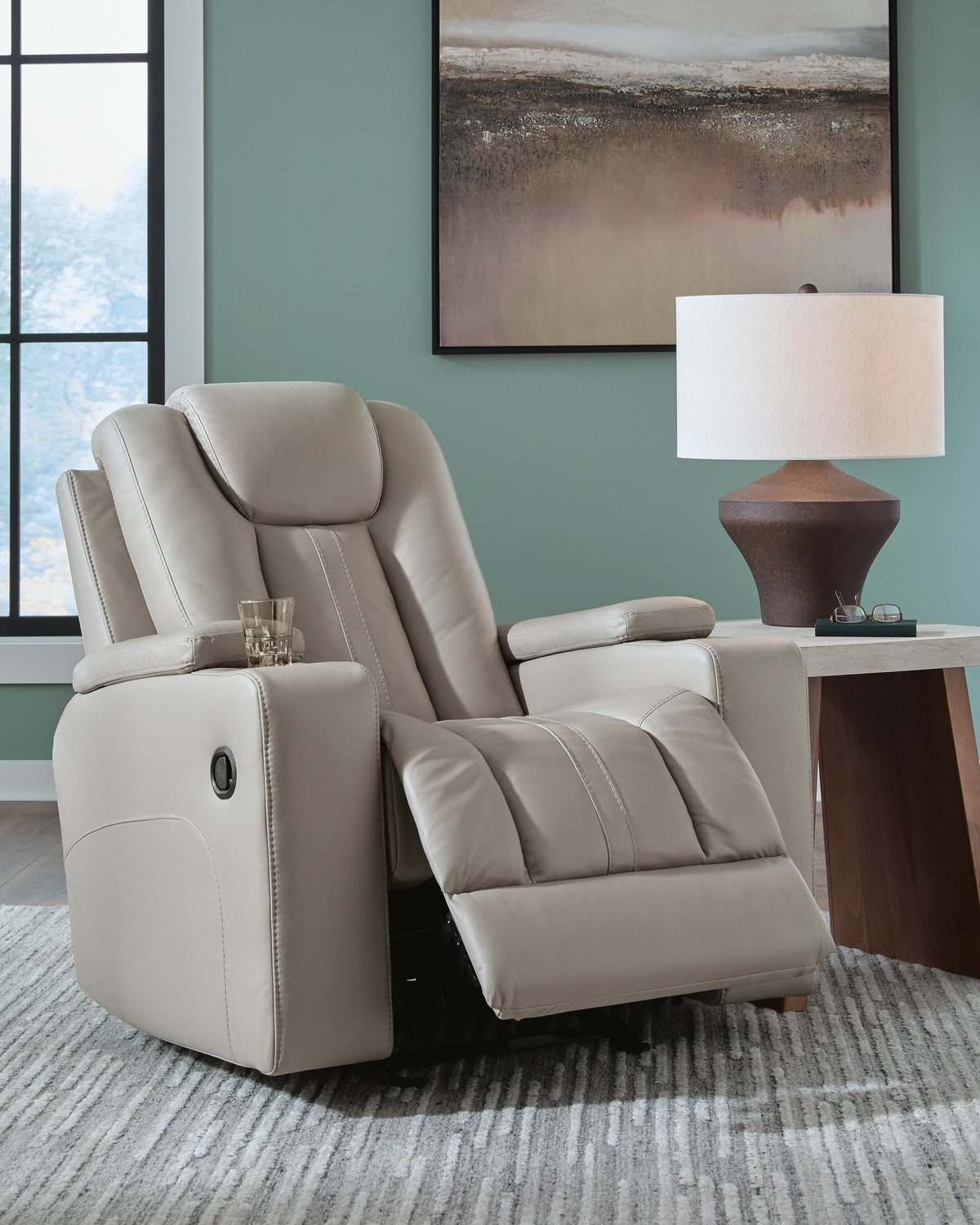 Elevate Edges Glider Recliner in Coin, open view
