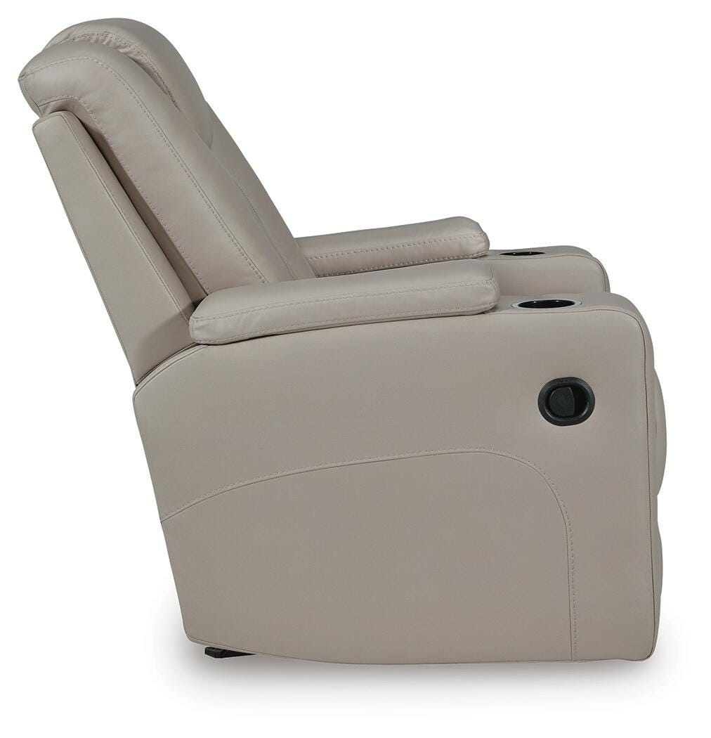 Elevate Edges Glider Recliner in Coin, side view