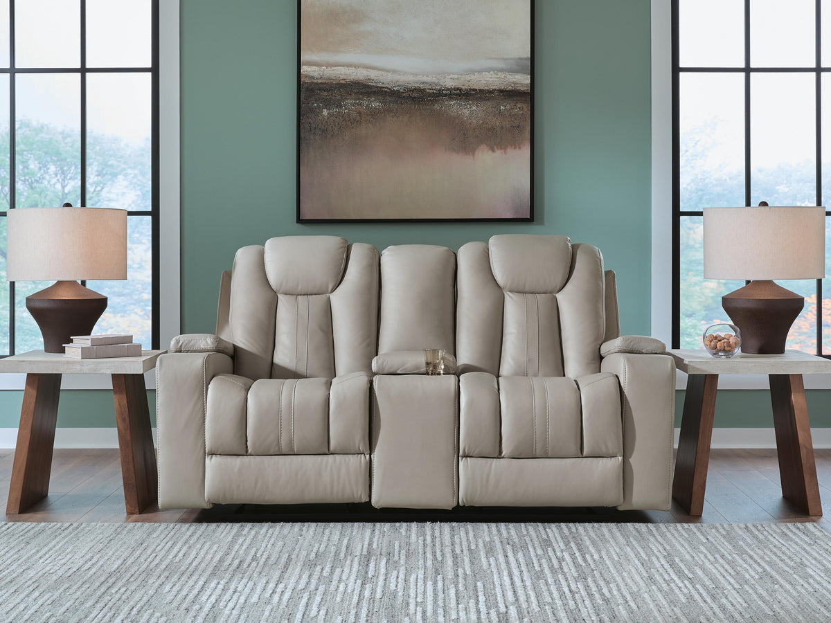 Elevate Edges Glider Reclining Loveseat with Console in Coin, lifestyle view