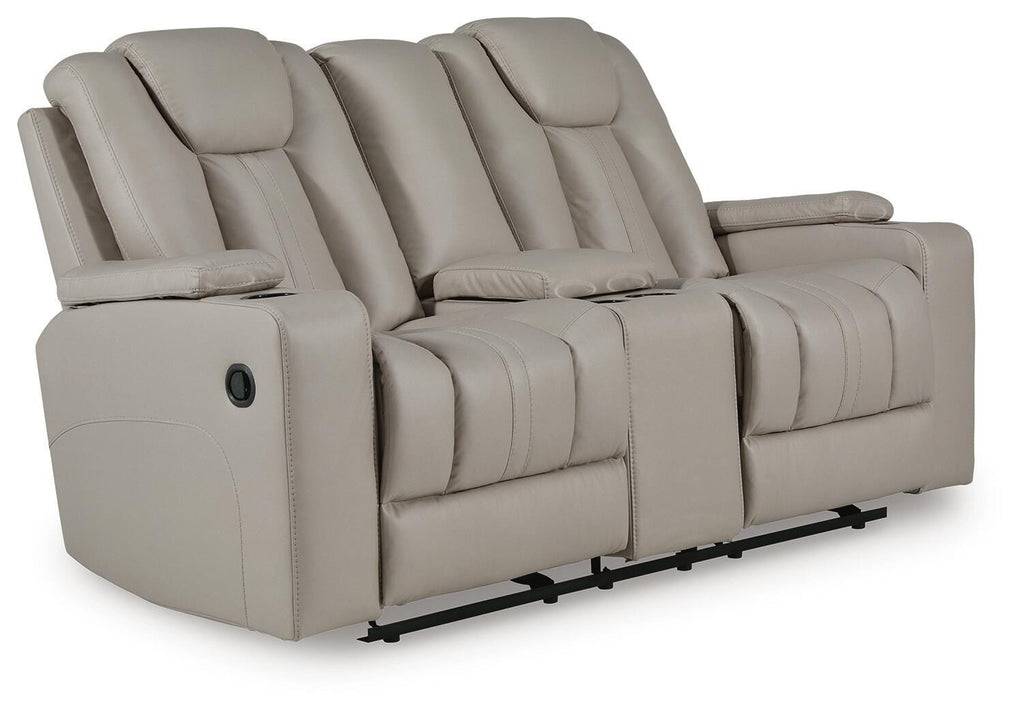 Elevate Edges Glider Reclining Loveseat with Console in Coin, closed view