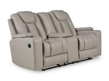 Elevate Edges Glider Reclining Loveseat with Console in Coin, closed view