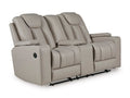 Elevate Edges Glider Reclining Loveseat with Console in Coin, closed view