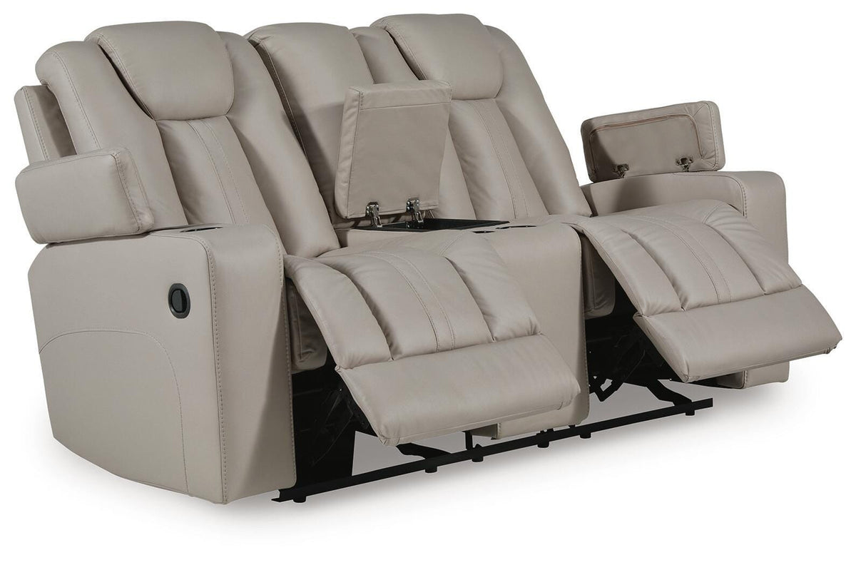 Elevate Edges Glider Reclining Loveseat with Console in Coin, open view