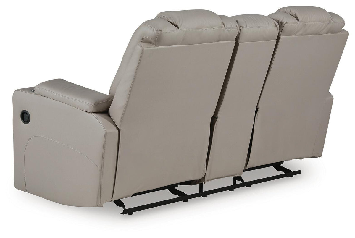 Elevate Edges Glider Reclining Loveseat with Console in Coin, back view
