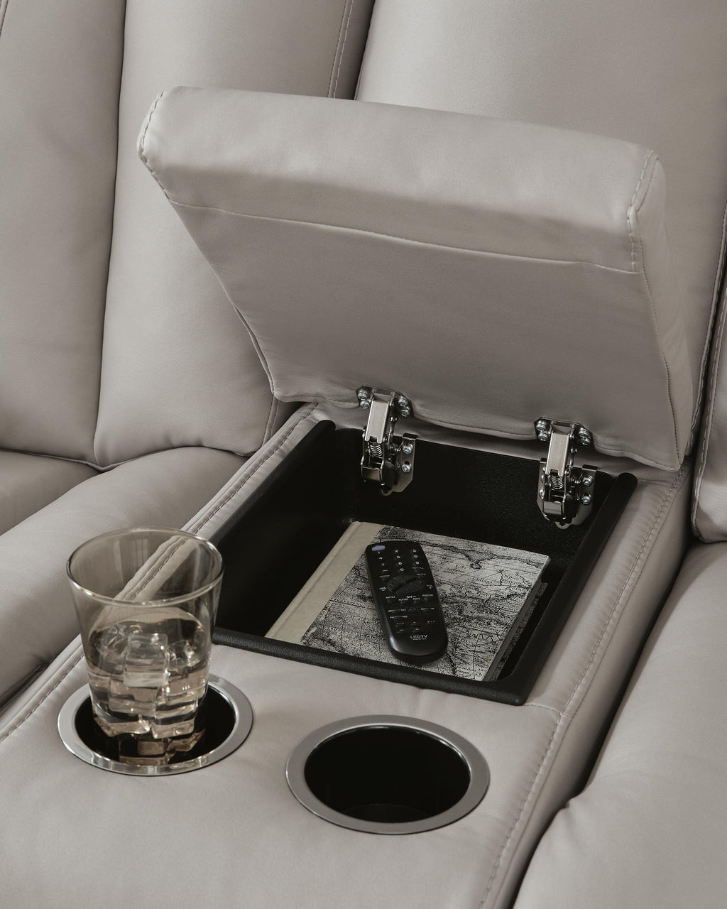 Elevate Edges Glider Reclining Loveseat with Console in Coin, detail view