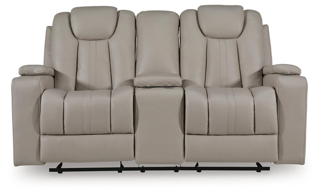 Elevate Edges Glider Reclining Loveseat with Console in Coin, front view