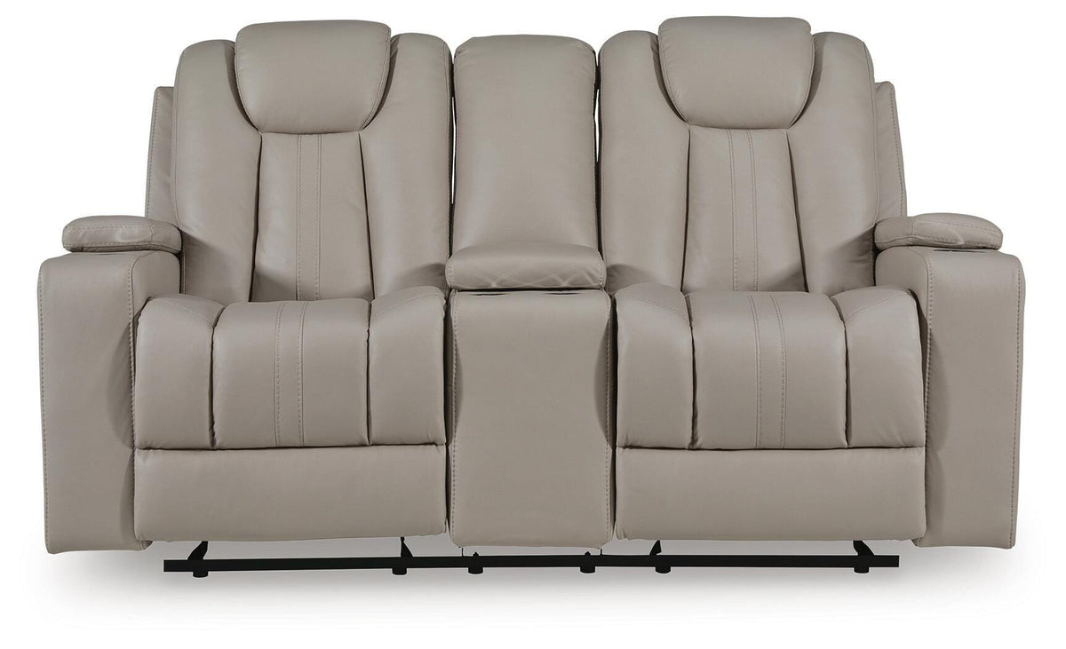 Elevate Edges Glider Reclining Loveseat with Console in Coin, front view