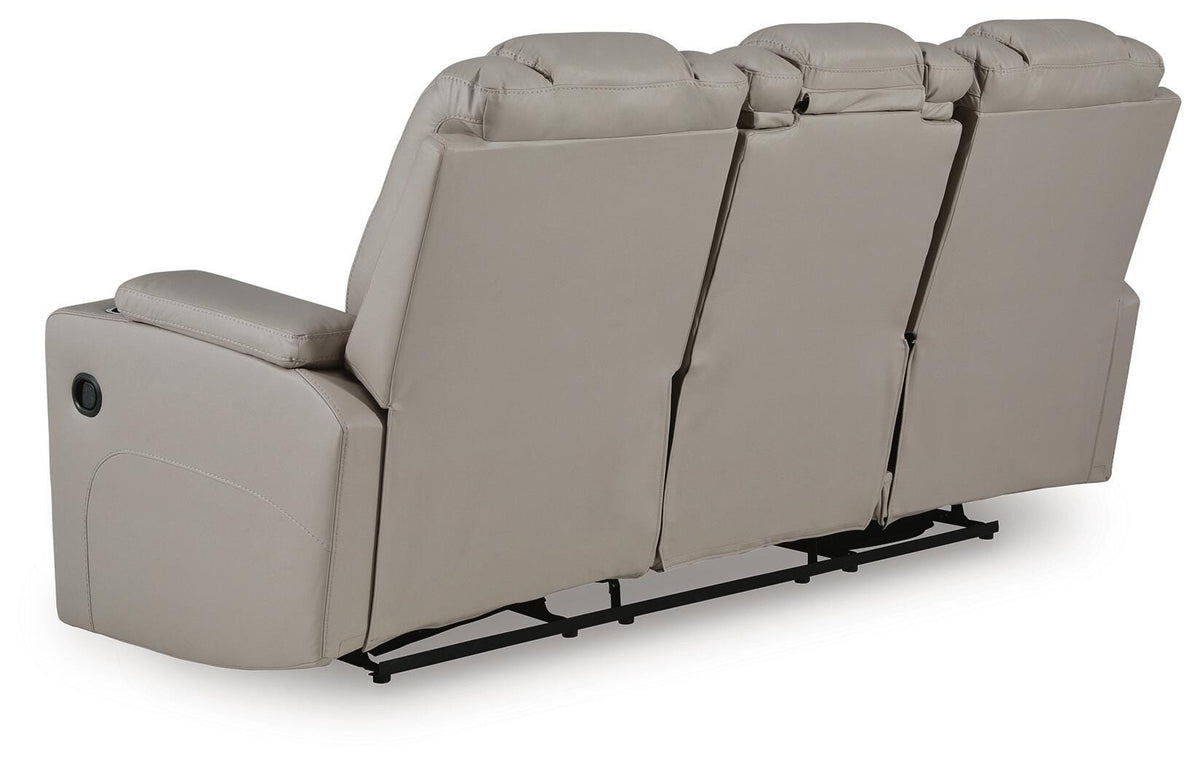 Elevate Edges Reclining Sofa with Drop Down Table in Coin, back view