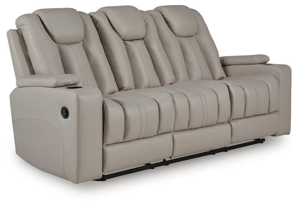Elevate Edges Reclining Sofa with Drop Down Table in Coin, closed view