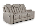 Elevate Edges Reclining Sofa with Drop Down Table in Coin, closed view