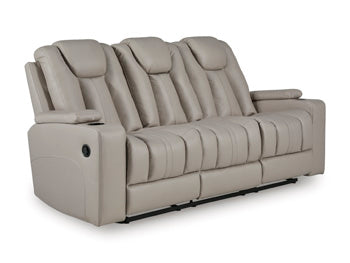 Elevate Edges Reclining Sofa with Drop Down Table in Coin, closed view