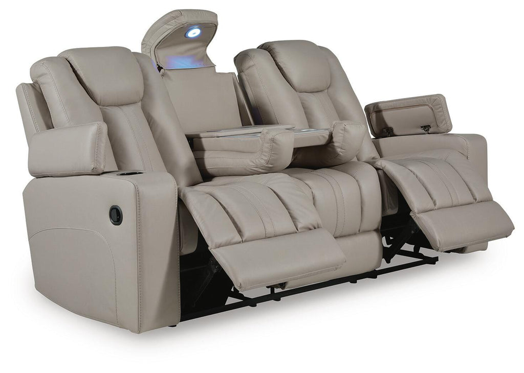 Elevate Edges Reclining Sofa with Drop Down Table in Coin, open view