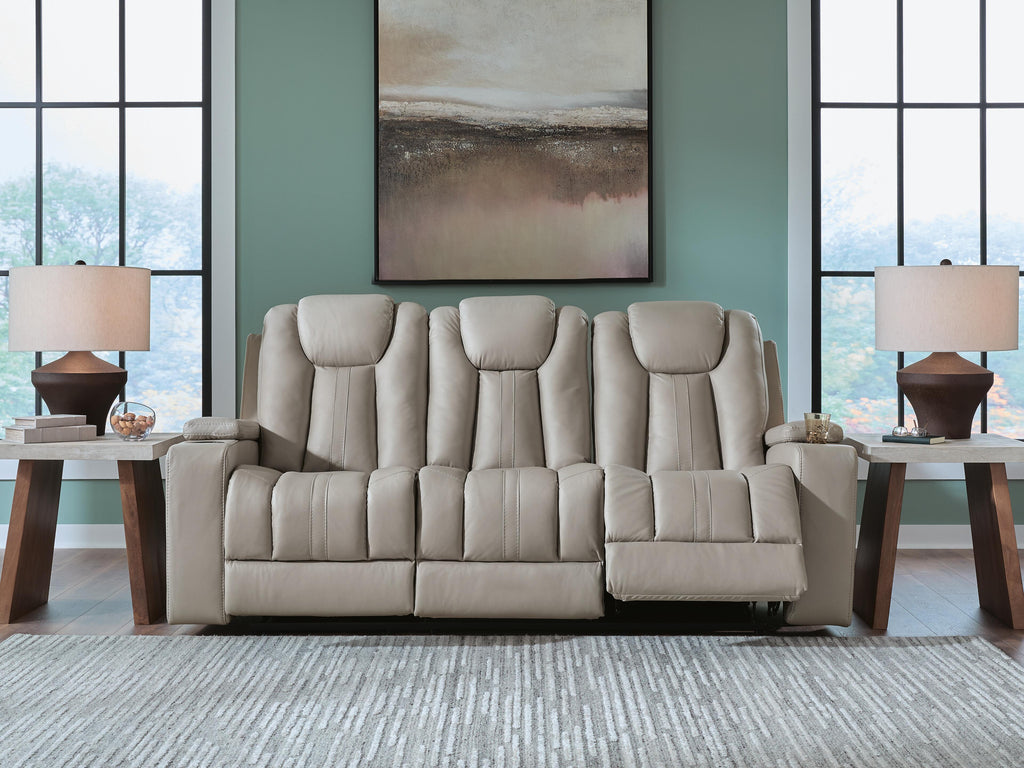 Elevate Edges Reclining Sofa with Drop Down Table in Coin, closed view