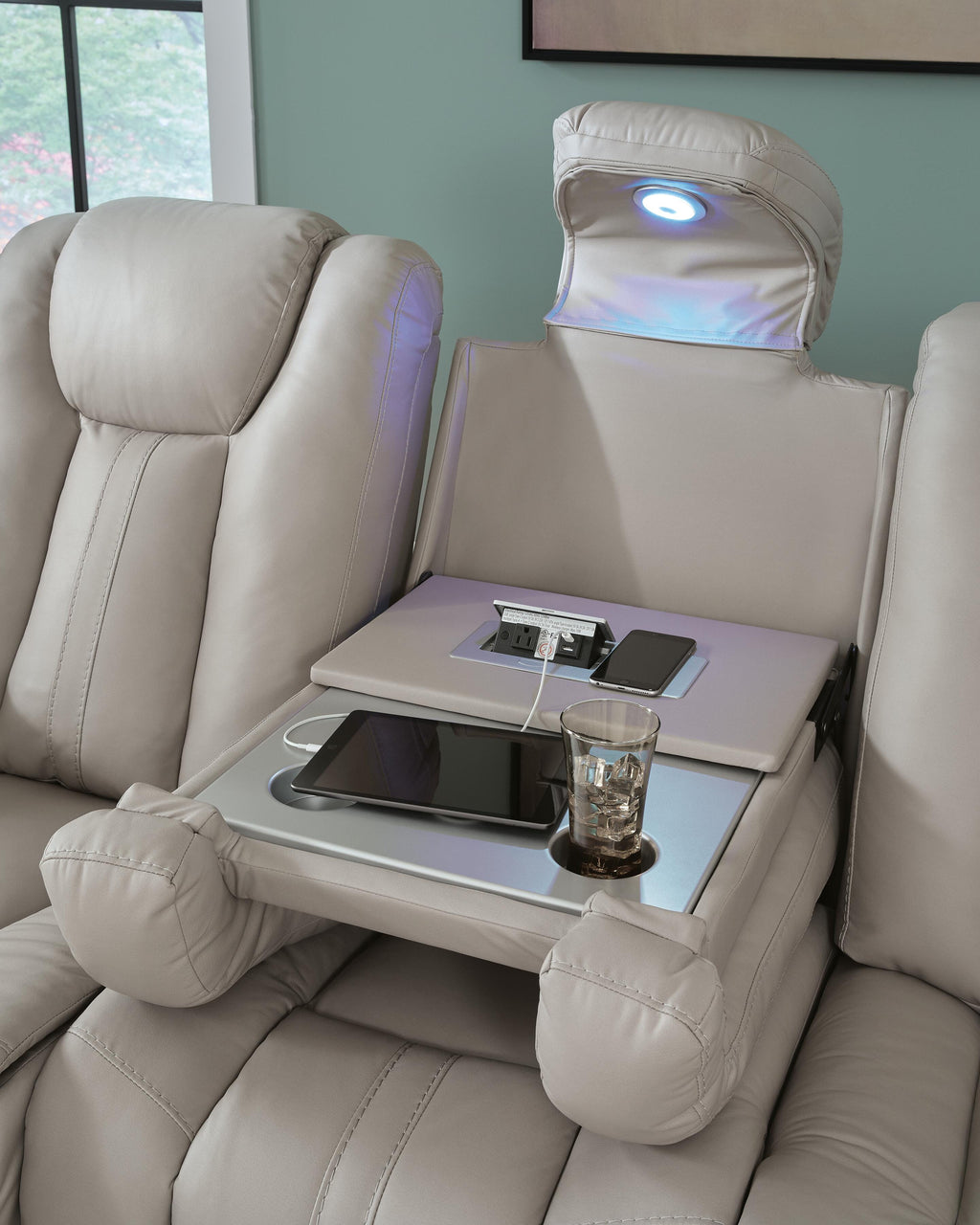 Elevate Edges Reclining Sofa with Drop Down Table in Coin, detail view