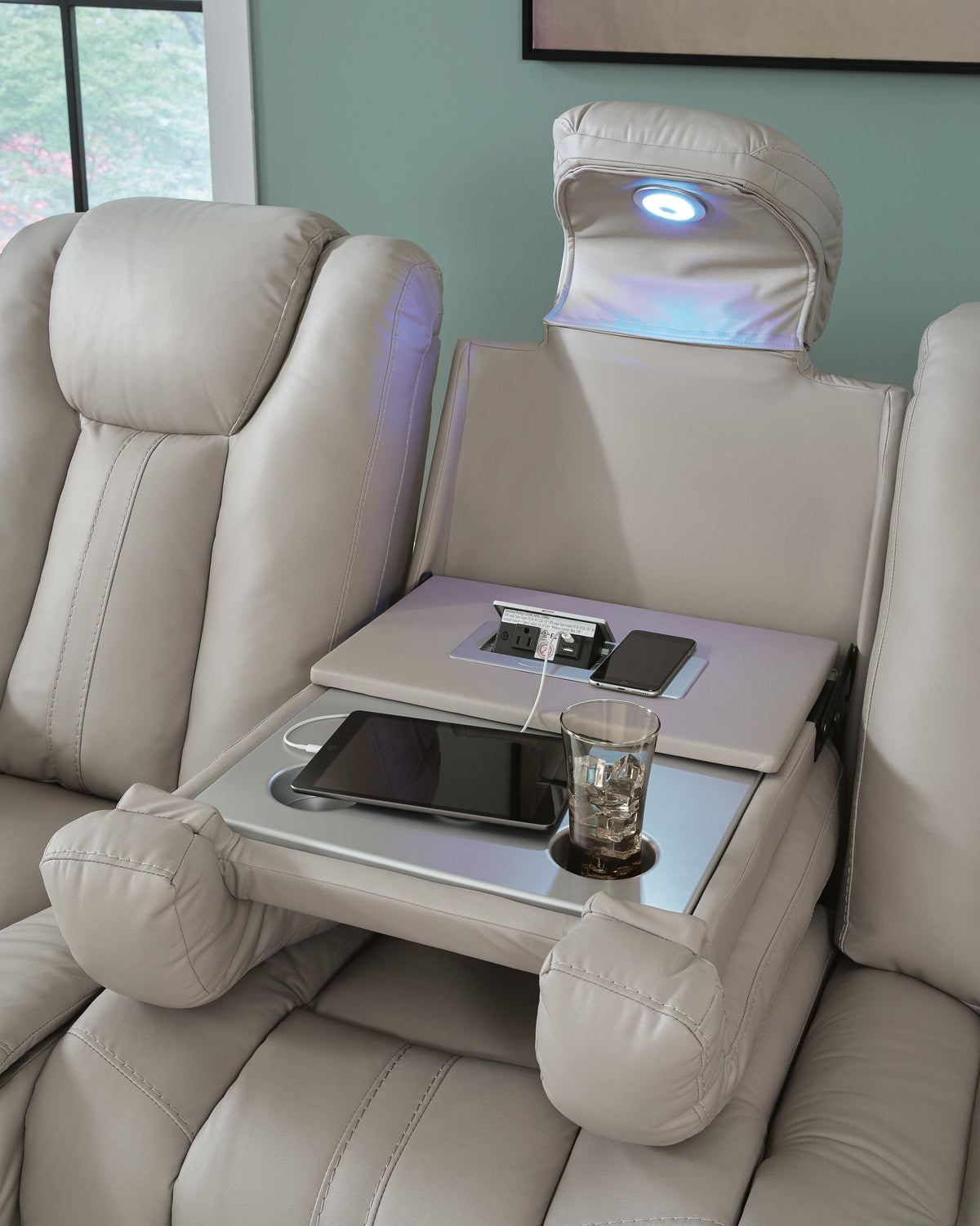 Elevate Edges Reclining Sofa with Drop Down Table in Coin, detail view