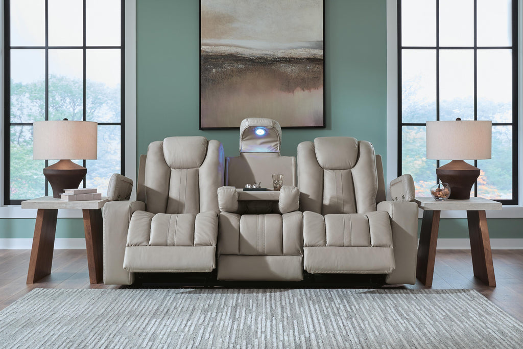 Elevate Edges Reclining Sofa with Drop Down Table in Coin, open view
