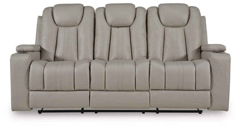 Elevate Edges Reclining Sofa with Drop Down Table in Coin, front view