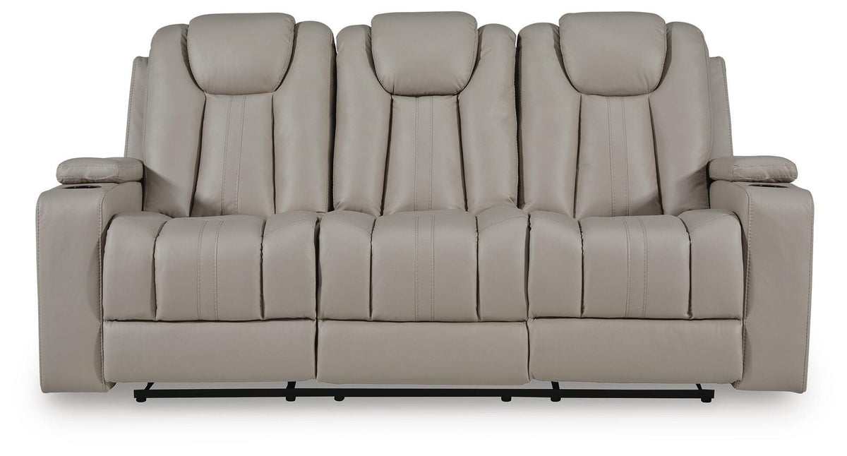 Elevate Edges Reclining Sofa with Drop Down Table in Coin, front view