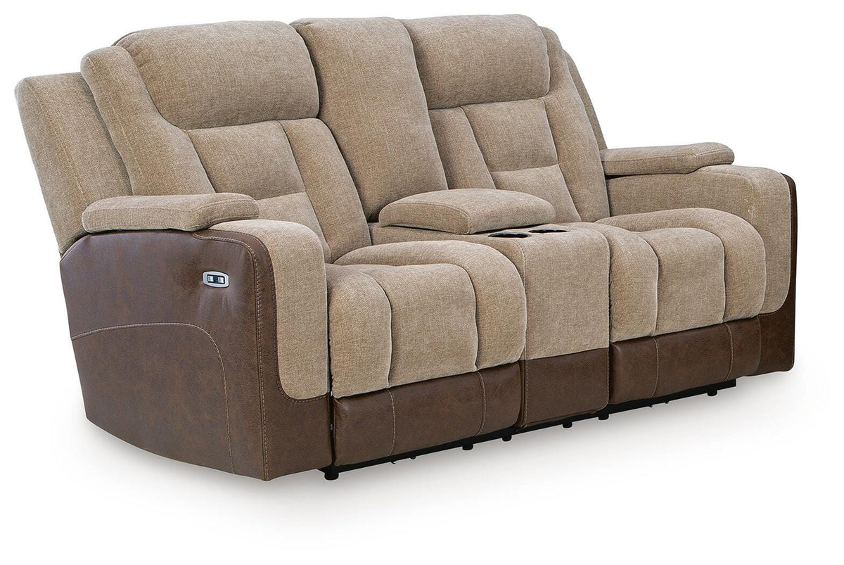 Mixed Motion Power Reclining Loveseat with Console in Brownstone, closed view