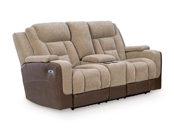 Mixed Motion Power Reclining Loveseat with Console in Brownstone, closed view