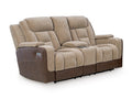 Mixed Motion Power Reclining Loveseat with Console in Brownstone, closed view