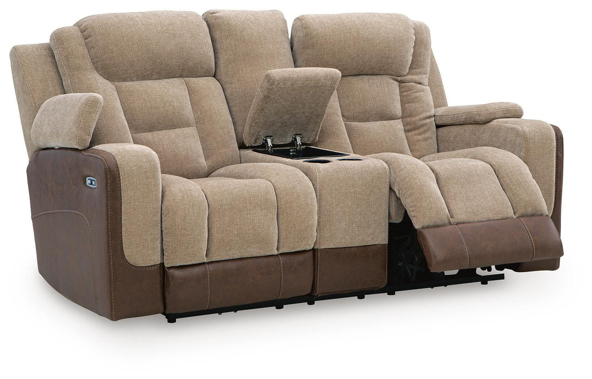 Mixed Motion Power Reclining Loveseat with Console in Brownstone, open view