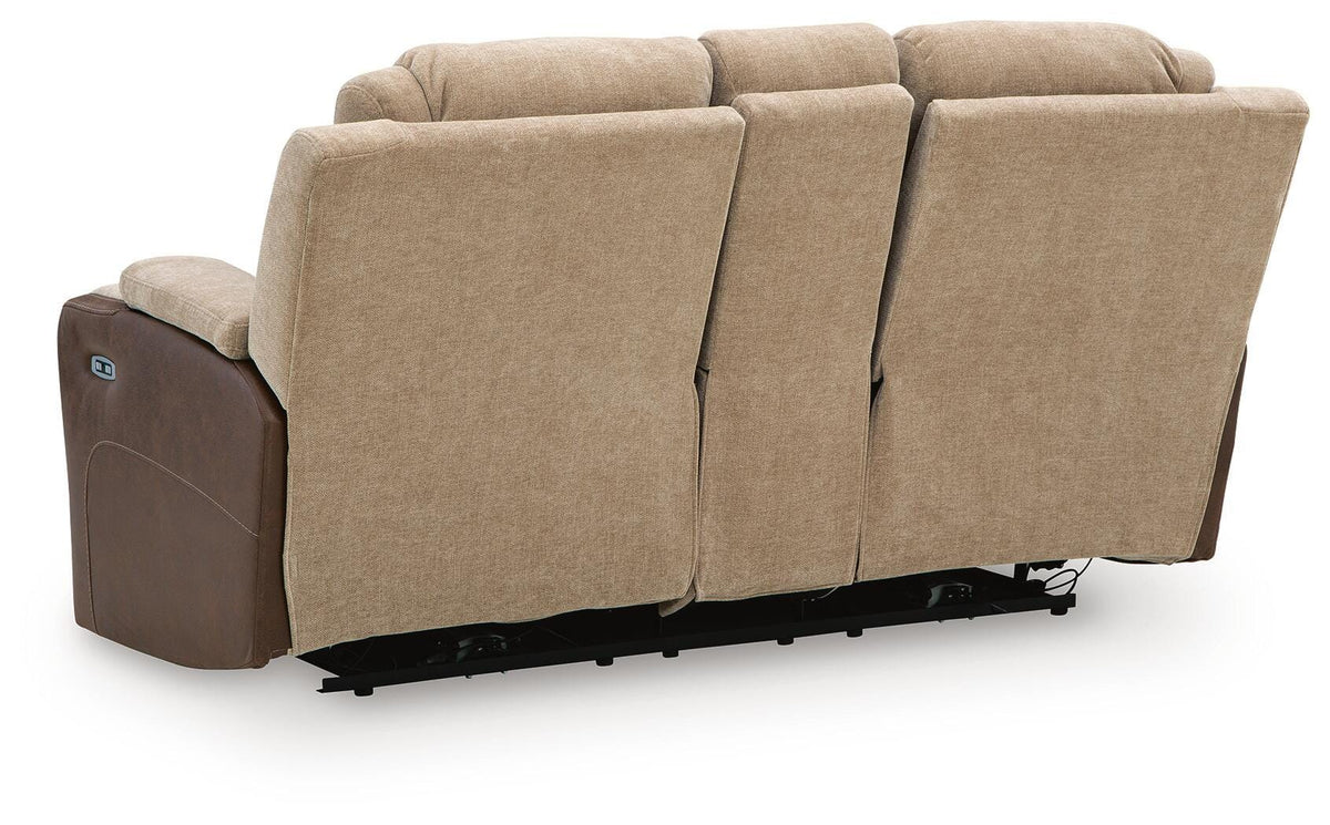 Mixed Motion Power Reclining Loveseat with Console in Brownstone, back view