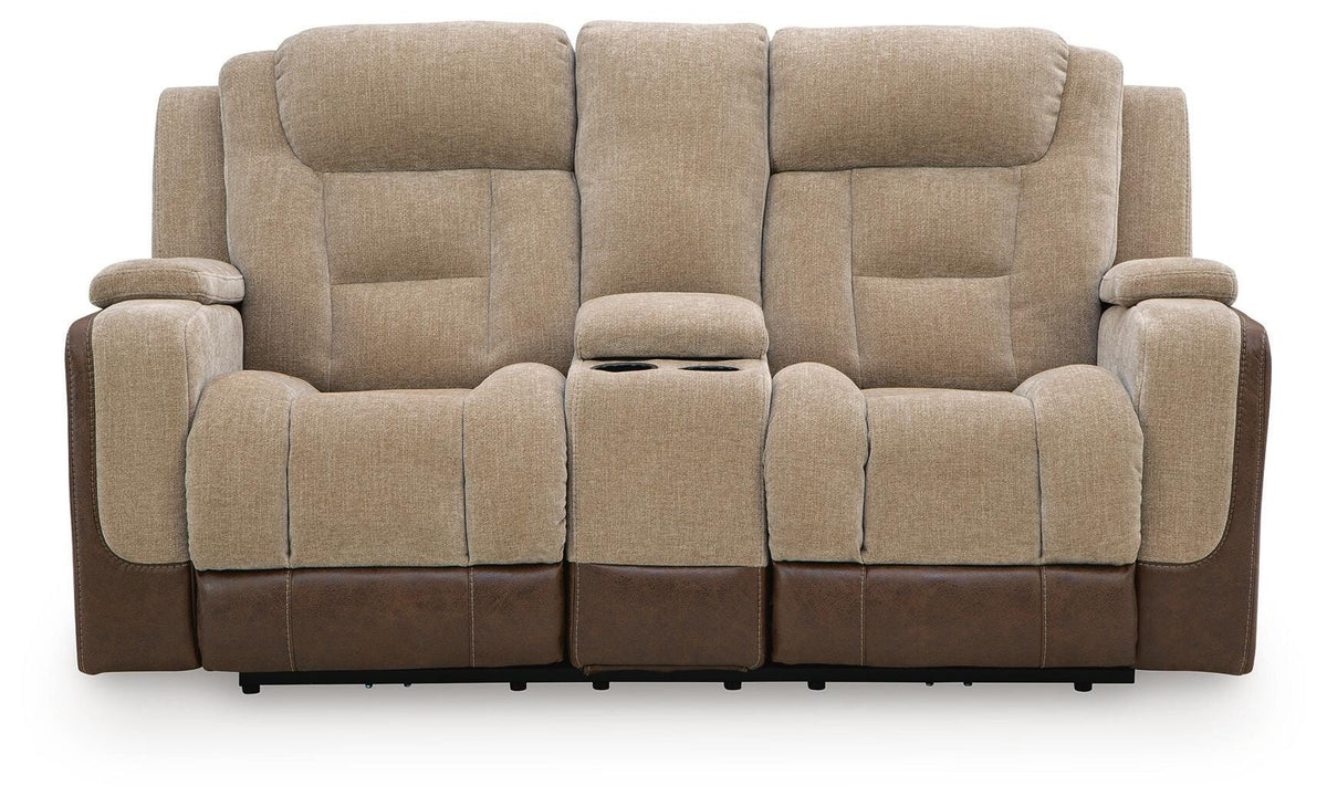 Mixed Motion Power Reclining Loveseat with Console in Brownstone, front view