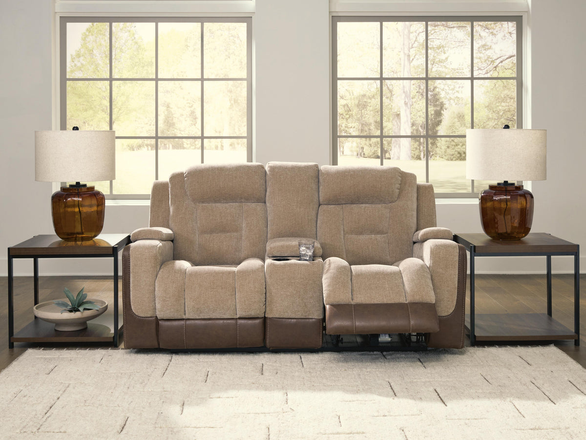 Mixed Motion Power Reclining Loveseat with Console in Brownstone, open view